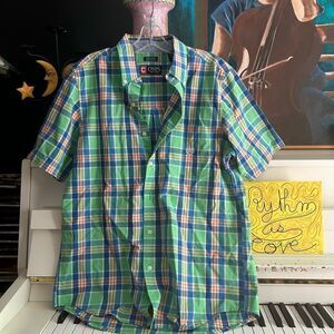Chaps Men’s Plaid Button Down Shirt Medium Green Blue Short Sleeve Cotton